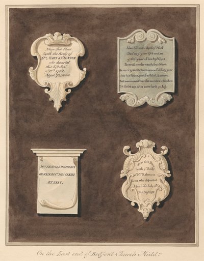 Gedenktekens voor Mevrouw Mary Staunton, John Silvester, Mevrouw Frances Whiterly en Mevrouw Rebecca Lone uit Bedfont Church door Daniel Lysons