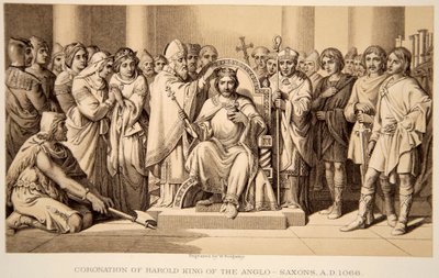 Kroning van Harold II in 1066, gegraveerd door W. Ridgeway door Daniel Maclise