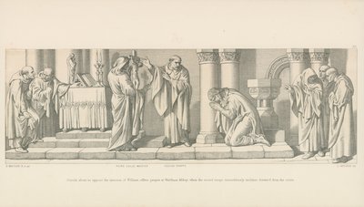 Harold, op het punt om de invasie van Willem te weerstaan, bidt in de abdij van Waltham, wanneer het heilige beeld wonderbaarlijk naar voren buigt vanaf het kruis door Daniel Maclise