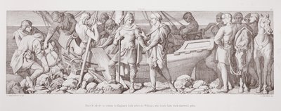Harold, op het punt om terug te keren naar Engeland, neemt afscheid van William, die hem overladen met afscheidsgeschenken, uit 