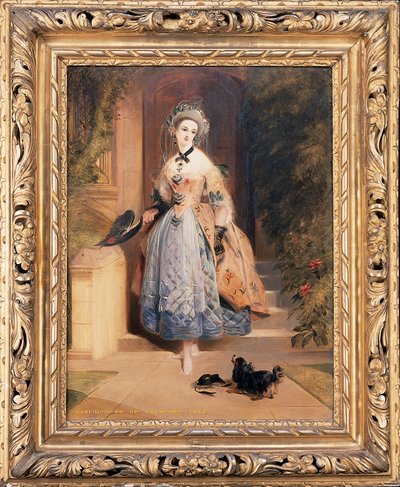 Portret van Louisa Jane, markiezin van Abercorn, klein op volledige lengte, in een rijk geborduurde gele en blauwe jurk, bij de ingang van een huis, met een spaniël, 1832 door Daniel Maclise