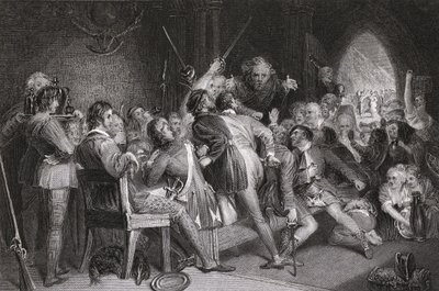 De Hal van Glennaquoich - een Hooglands Feest, gegraveerd door P. Lightfoot, uit 