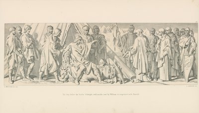 De dag voor de slag. Een ridder, met monniken, gestuurd door Willem om te onderhandelen met Harold door Daniel Maclise