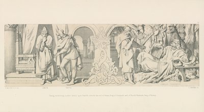 Tostig, overwegend een nieuwe aanval op Harold, vraagt de hulp van Sweyn, koning van Denemarken en van Harold Hardrada, koning van Noorwegen door Daniel Maclise