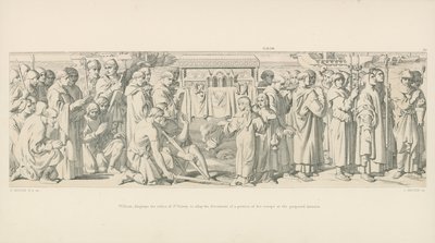 William toont de relieken van St. Valery om de ontevredenheid van een deel van zijn troepen over de voorgestelde invasie te sussen door Daniel Maclise