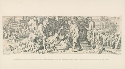 William struikelt bij zijn landing, maar, grijpend naar de aarde met zijn hand, roept hij dat hij zo bezit neemt van de Engelse bodem, en stelt zo zijn volgelingen gerust, die zijn val als een slecht voorteken beschouwden door Daniel Maclise