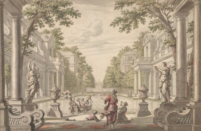Uitzicht op een paleistuin met een centrale vijver omringd door klassieke architectuur, ca. 1700-1720 door Daniel Marot