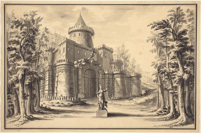 Een Toneelset met een Standbeeld en een Paleis door Daniel Marot the Younger