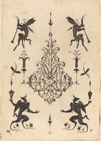 Broche met fantasiewezens die hoorns blazen bovenaan en gevleugelde griffioenen onderaan door Daniel Mignot
