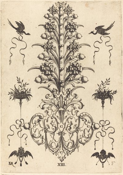 Hyacintvormige broche met vogels bovenaan en duivels- en engelenhoofd onderaan door Daniel Mignot