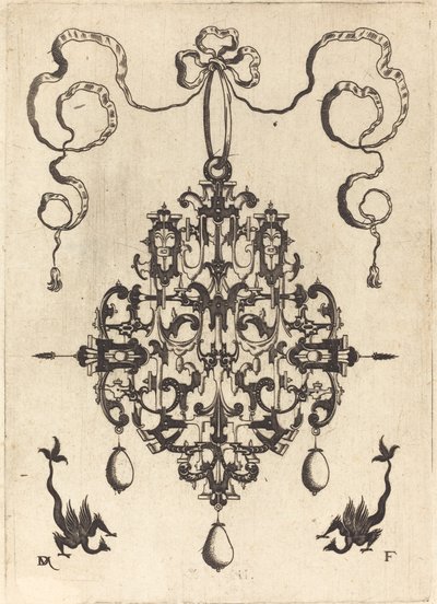 Groot hangend ornament, twee fantasiewezens met lange staarten aan de onderkant door Daniel Mignot