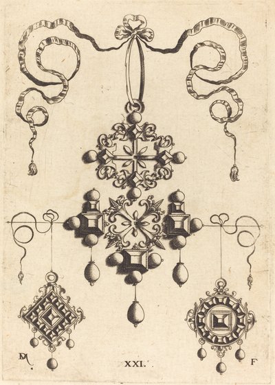 Hanger met wiel in het midden, omgeven door vier tafelstenen door Daniel Mignot
