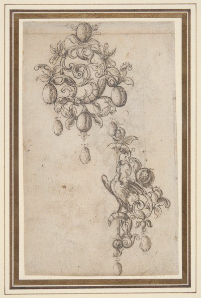 Twee ontwerpen voor broches met parelhangertjes (recto); Ontwerp voor een broche (verso) door Daniel Mignot
