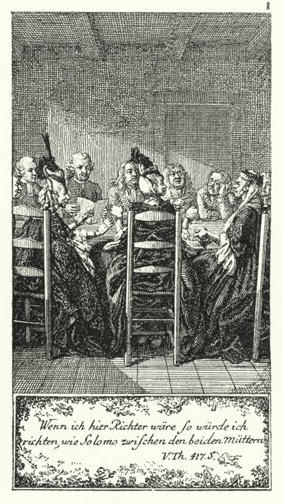 Als ik hier rechter was, zou ik oordelen als Salomo tussen de twee moeders (gravure) door Daniel Nikolaus (after) Chodowiecki