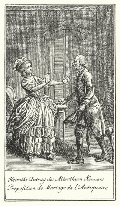 Huwelijksaanzoek van de Antiquair (gravure) door Daniel Nikolaus (after) Chodowiecki