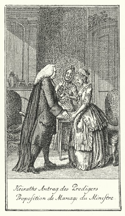 Huwelijksaanzoek van de Geestelijke (gravure) door Daniel Nikolaus (after) Chodowiecki