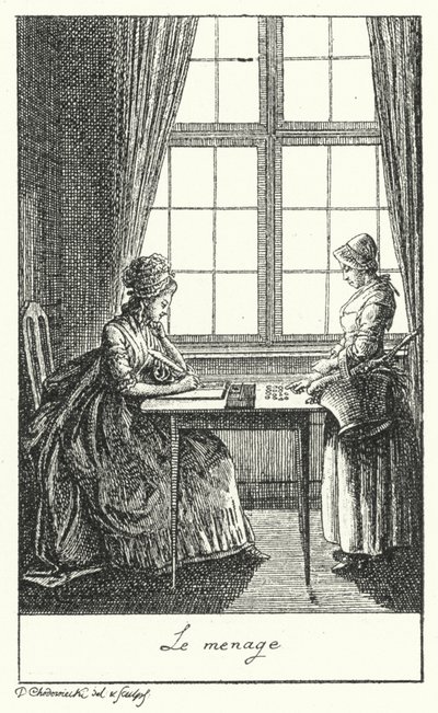 Het huishouden runnen (gravure) door Daniel Nikolaus (after) Chodowiecki