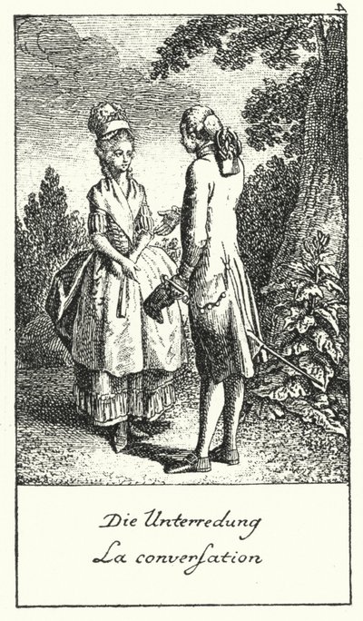 Het gesprek (gravure) door Daniel Nikolaus (after) Chodowiecki