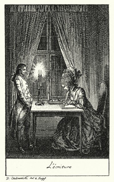 Schrijven (gravure) door Daniel Nikolaus (after) Chodowiecki