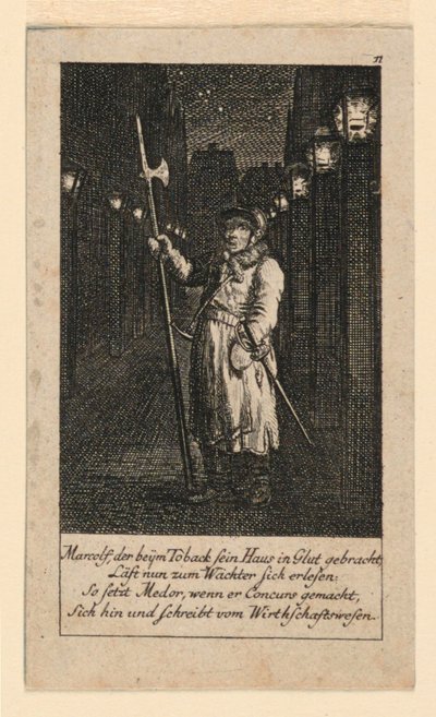 Een Nachtwacht, Illustratie voor "Königl: Grosbrit [anische] Genealogischer Kalender auf das 1780 Jahr Lauenberg bey J.G. Berenberg" door Daniel Nikolaus Chodowiecki