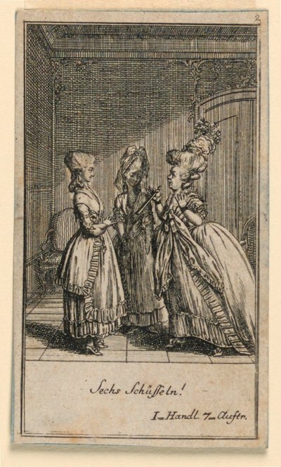 Een Oudere Vrouw Scheldt een Meisje uit, Illustratie van het Toneelstuk "Nicht mehr als sachs Schuesseln" door Fredrich Wilhelm Grossman in "Königl: Grosbrit [anische] Genealogischer Kalender auf das 1782 Jahr Lauenberg bey J.G. Berenberg" door Daniel Nikolaus Chodowiecki