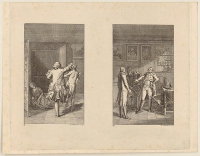 De baron jaagt Candide het kasteel uit [links]; Candide, Kunigunde en de oude vrouw voor de stadhouder van Buenos Aires [rechts] door Daniel Nikolaus Chodowiecki