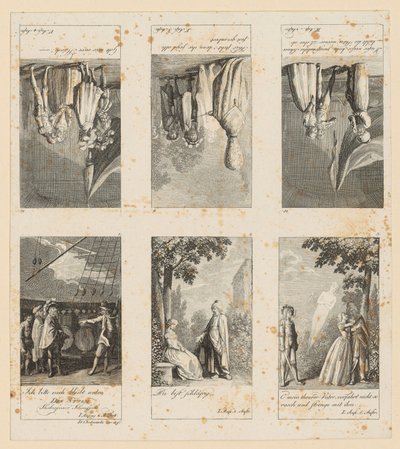 Bladen 1-3 en 10-12 bij Shakespeares „De storm“ door Daniel Nikolaus Chodowiecki
