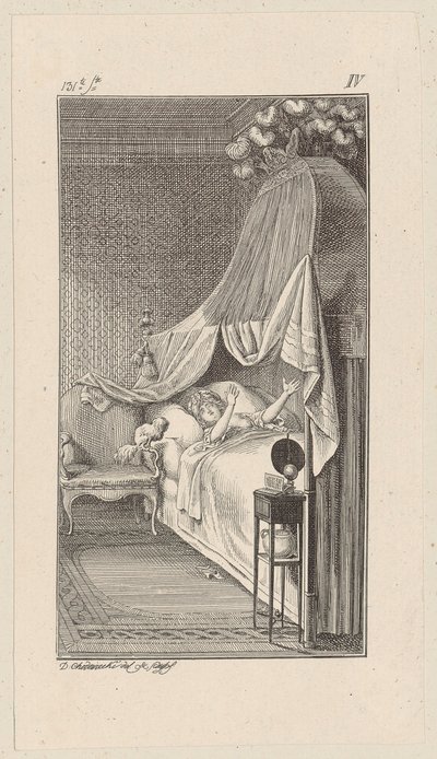 Caesar wil op het bed van de dromende Lady Charlotte springen door Daniel Nikolaus Chodowiecki