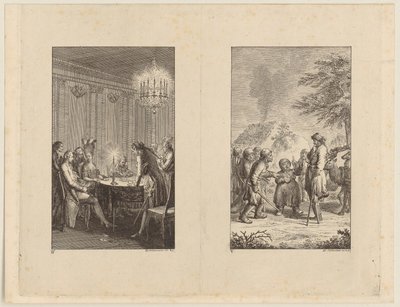 Candide bij een actrice [links]; Candide in Noorwegen [rechts] door Daniel Nikolaus Chodowiecki