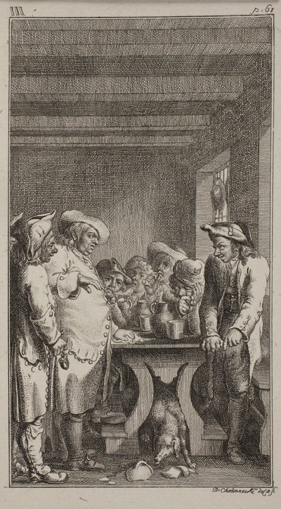 De hond van de scheerder likt het gekleurde water uit een gebroken vat onder de tafel, waar 4 boeren zitten en 3 staan, die tabak roken en drinken. ob. III, p. 61. door Daniel Nikolaus Chodowiecki