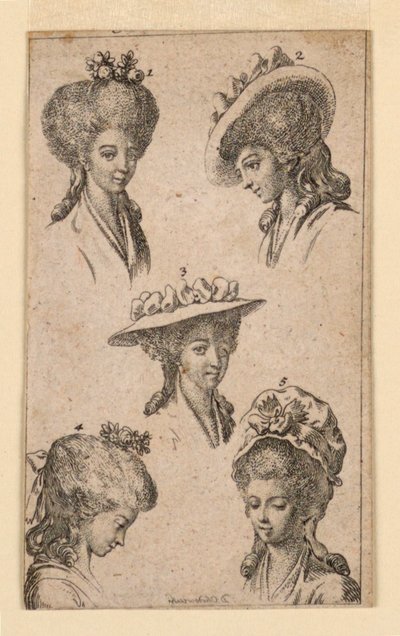 Vijf Hoofddeksels, zoals Gedragen door Berlijnse Vrouwen, Illustratie voor "Königl: Grosbrit [anische] Genealogischer Kalender auf das 1783 Jahr Lauenberg bey J.G. Berenberg" door Daniel Nikolaus Chodowiecki