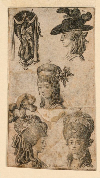 Vijf hoofddeksels voor vrouwen, twee fragmenten van illustraties voor "Königl: Grosbrit[anische] Genealogischer Kalender auf das 1781 Jahr Lauenberg bey J.G. Berenberg" door Daniel Nikolaus Chodowiecki