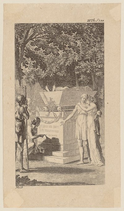 Miss Bruce met haar vriendin bij een grafmonument, blad 12 uit „Leven, opmerkingen en meningen van Johann Bunkel” door Daniel Nikolaus Chodowiecki
