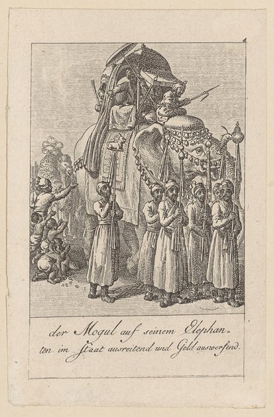 Mogol op zijn olifant, blad 4 van de reeks „Oost-Indische gebruiken“ door Daniel Nikolaus Chodowiecki