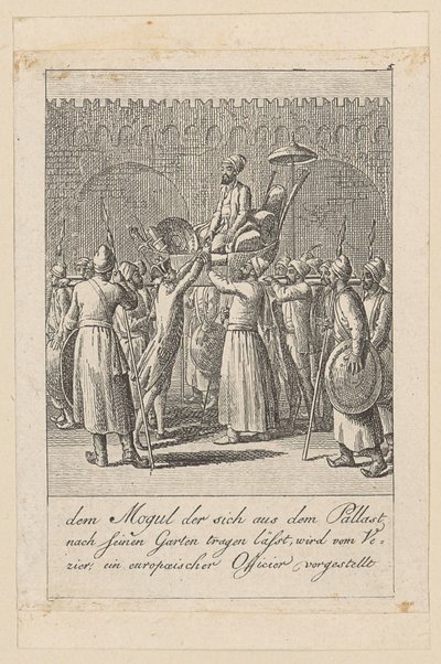 Een mogol laat zich van het paleis naar de tuin dragen, plaat 5 uit de reeks "Oost-Indische gebruiken" door Daniel Nikolaus Chodowiecki