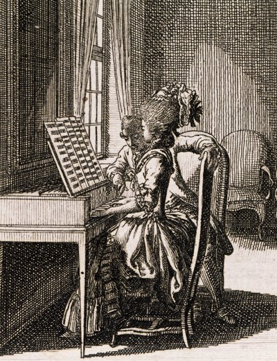 Muziek, vrouw die het spinet speelt, door Daniel Niklaus Chodowiecki, uit Occupations des dames, Duitsland, Polen door Daniel Nikolaus Chodowiecki