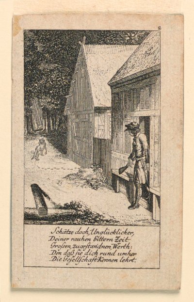De toegewijde van eenzaamheid, Illustratie voor "Königl: Grosbrit [anische] Genealogischer Kalender auf das 1780 Jahr Lauenberg bey J.G. Berenberg" door Daniel Nikolaus Chodowiecki