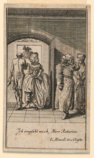 Het oudere echtpaar beëindigt hooghartig een bezoek, Illustratie van het toneelstuk "Nicht mehr als sachs Schuesseln" door Fredrich Wilhelm Grossman in "Königl: Grosbrit [anische] Genealogischer Kalender auf das 1782 Jahr Lauenberg bey J.G. Berenberg" door Daniel Nikolaus Chodowiecki