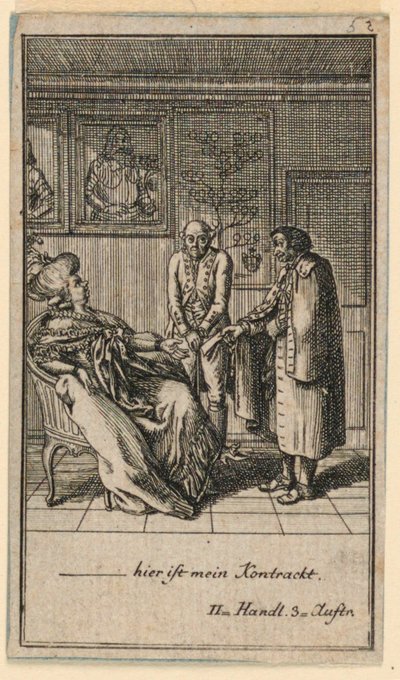 De oudere vrouw huurt een man, illustratie van het toneelstuk "Nicht mehr als sachs Schuesseln" door Fredrich Wilhelm Grossman in "Königl: Grosbrit [anische] Genealogischer Kalender auf das 1782 Jahr Lauenberg bey J.G. Berenberg" door Daniel Nikolaus Chodowiecki
