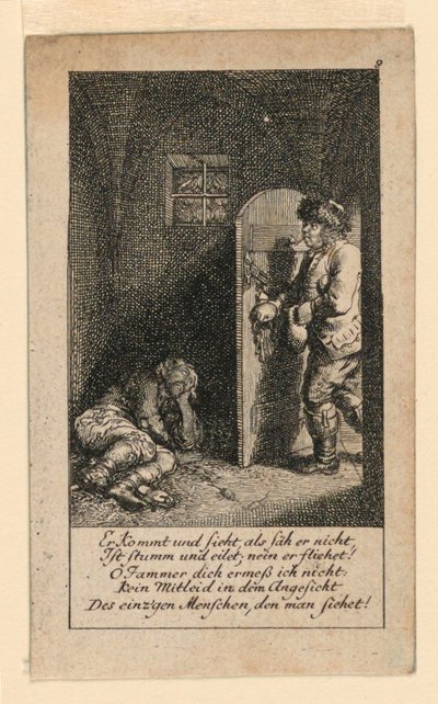 De gevangene, Illustratie voor "Königl: Grosbrit [anische] Genealogischer Kalender auf das 1780 Jahr Lauenberg bey J.G. Berenberg" door Daniel Nikolaus Chodowiecki