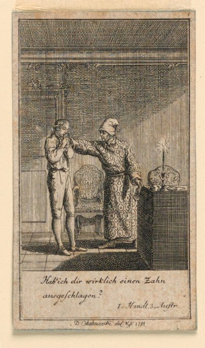 De Klap in het Gezicht, Illustratie van het Toneelstuk "Nicht mehr als sachs Schuesseln" door Fredrich Wilhelm Grossman in "Königl: Grosbrit [anische] Genealogischer Kalender auf das 1782 Jahr Lauenberg bey J.G. Berenberg" door Daniel Nikolaus Chodowiecki