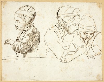 Drie kinderen (recto); Schetsen van hoofd, ogen, lippen en bloemen (verso) door Daniel Nikolaus Chodowiecki