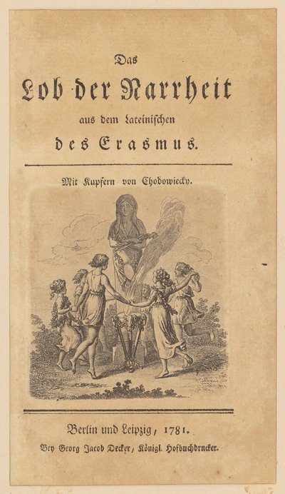 Titelpagina met vignet bij Erasmus’ „Lof der dwaasheid“ door Daniel Nikolaus Chodowiecki