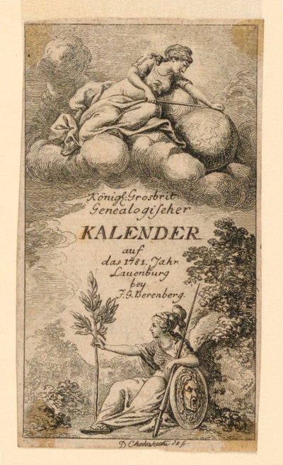 Titelpagina voor "Königl: Grosbrit [anische] Genealogischer Kalender auf das 1781 Jahr Lauenberg bey J.G. Berenberg" door Daniel Nikolaus Chodowiecki