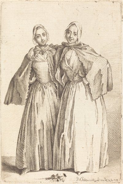 Twee Staande Dames (Demoiselles Quantin) door Daniel Nikolaus Chodowiecki