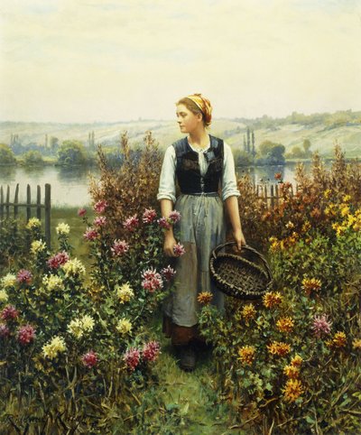 Meisje met een mand in een tuin door Daniel Ridgway Knight