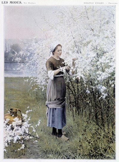 Lente: Vrouw die bloemen verzamelt - ill. door R. Knight, ca. 1905 door Daniel Ridgway Knight