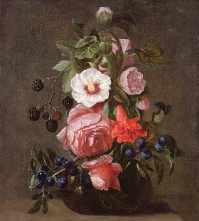 Een Stilleven van Gemengde Bloemen en Bessen in een Glazen Vaas door Daniel Seghers