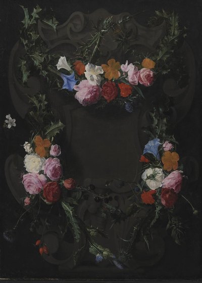 Een stenen cartouche met een bloemenkrans door Daniel Seghers