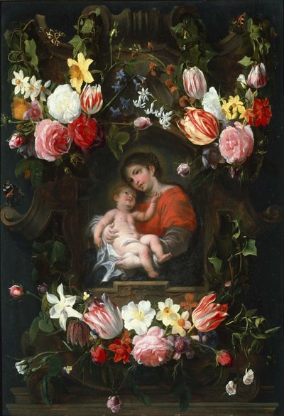 Bloemenslinger met Madonna en Kind door Daniel Seghers